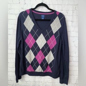 IZOD size XXL navy blue v-neck argle sweater with pink & gray diamond patterns